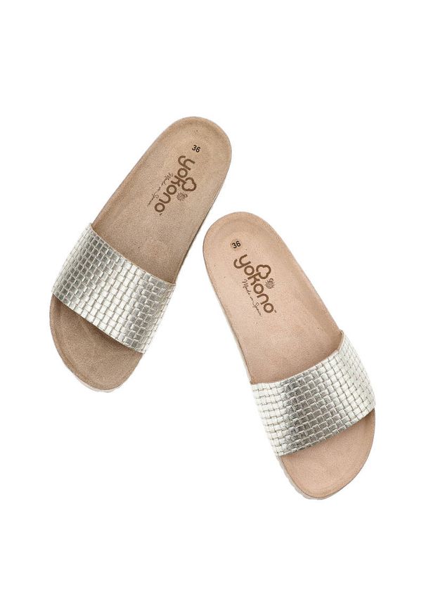 Srebrne Klapki Yokono Eleganckie Skórzane Buty Damskie. Kolor: srebrny. Materiał: skóra. Styl: elegancki