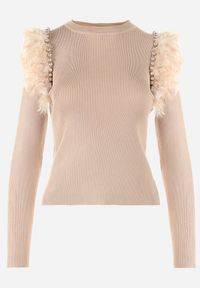 Born2be - Beżowy Sweter z Piórami i Koralikami Feco. Kolor: beżowy. Materiał: dzianina, prążkowany #6