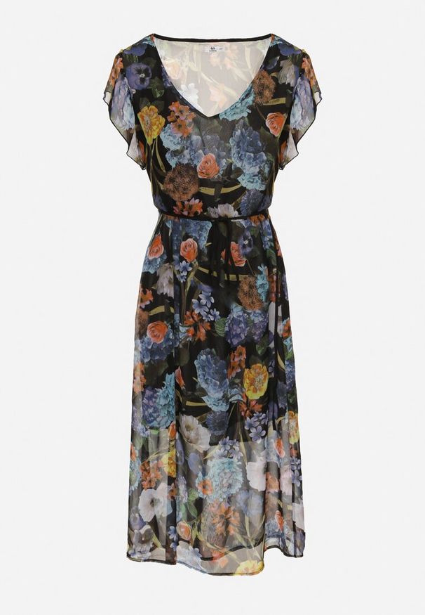 Born2be - Czarno-Niebieska Sukienka Rozkloszowana Midi w Kwiatowy Print Nelettia. Okazja: na imprezę, do pracy. Kolor: czarny. Materiał: skóra. Wzór: kwiaty, nadruk. Styl: elegancki. Długość: midi
