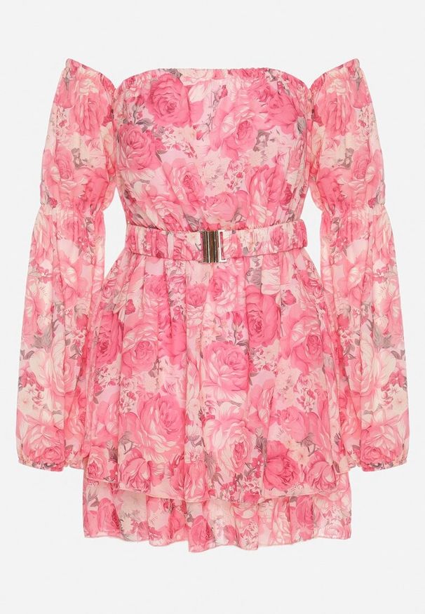 Born2be - Różowa Wiskozowa Sukienka Hiszpanka z Falbanami i Paskiem w Kwiaty Virmoi. Okazja: na co dzień, na spacer. Typ kołnierza: dekolt hiszpanka. Kolor: różowy. Materiał: wiskoza. Wzór: kwiaty. Typ sukienki: proste. Styl: casual