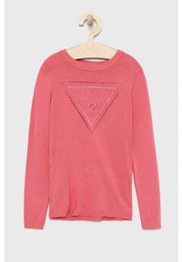 Guess sweter dziecięcy kolor różowy lekki. Okazja: na co dzień. Kolor: różowy. Materiał: materiał, dzianina, wiskoza. Wzór: aplikacja. Styl: casual