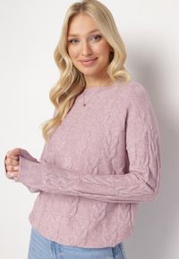 Born2be - Fioletowy Sweter o Warkoczowym Splocie z Okrągłym Dekoltem Selinera. Kolor: fioletowy. Materiał: dzianina. Wzór: ze splotem. Styl: klasyczny #5