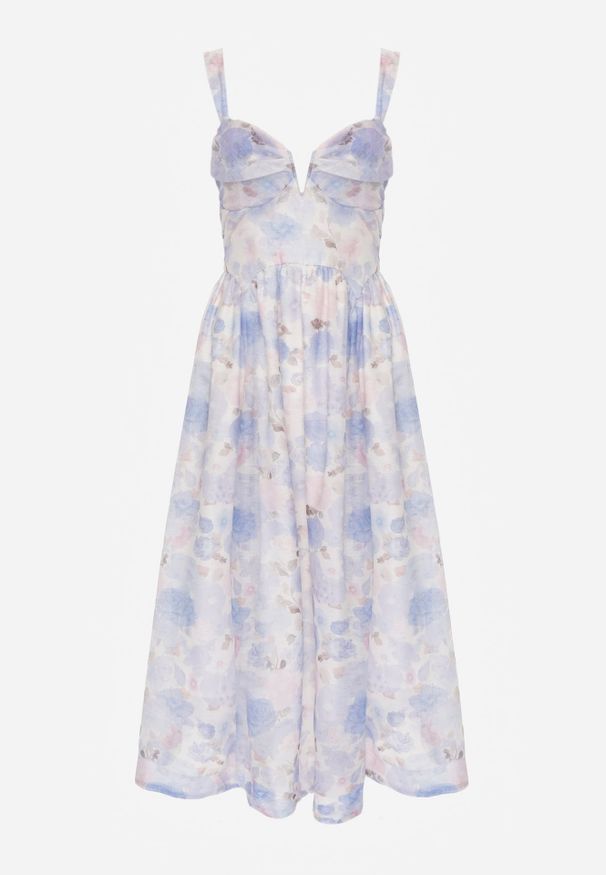 Renee - Niebieska Rozkloszowana Sukienka na Ramiączkach w Kwiaty w Romantycznym Stylu Callisise. Kolor: niebieski. Materiał: poliester. Długość rękawa: na ramiączkach. Wzór: kwiaty. Typ sukienki: rozkloszowane