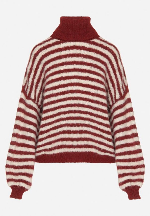 Born2be - Bordowy Golf z Domieszką Wełny w Paski Monallia. Okazja: na co dzień. Typ kołnierza: golf. Kolor: czerwony. Materiał: wełna. Wzór: paski. Styl: klasyczny, casual, elegancki