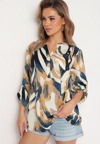 Born2be - Beżowo-Żółta Bluzka w Abstrakcyjny Wzór z Podpinanymi Rękawami Xaliana. Okazja: na co dzień. Kolekcja: plus size. Kolor: beżowy. Styl: casual #6