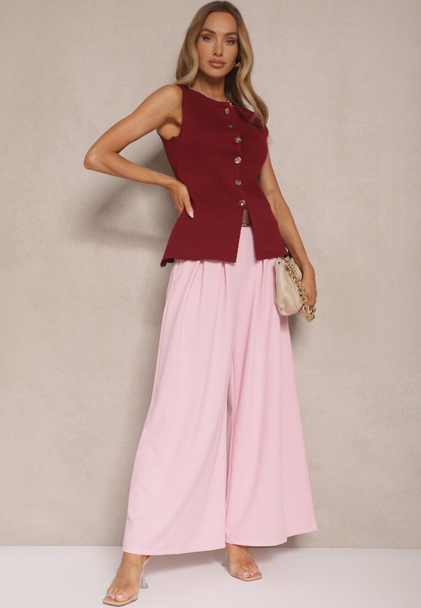 Renee - Różowe Spodnie o Szerokim Kroju High Waist Ozdobione Paskiem Rasalle. Okazja: na co dzień. Stan: podwyższony. Kolor: różowy. Wzór: aplikacja. Styl: casual, elegancki