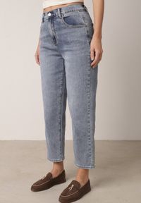 Born2be - Niebieskie Jeansy z Bawełną o Kroju Mom Fit z Wysokim Stanem Kallis. Okazja: na co dzień. Stan: podwyższony. Kolor: niebieski. Wzór: prążki. Styl: casual, klasyczny #4