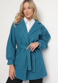 Born2be - Niebieski Płaszcz z Wiązanym Paskiem i Bufiastym Rękawem Imgrucu. Typ kołnierza: kołnierzyk stójkowy. Kolor: niebieski. Materiał: jeans, tkanina. Długość: długie. Sezon: jesień, wiosna #1
