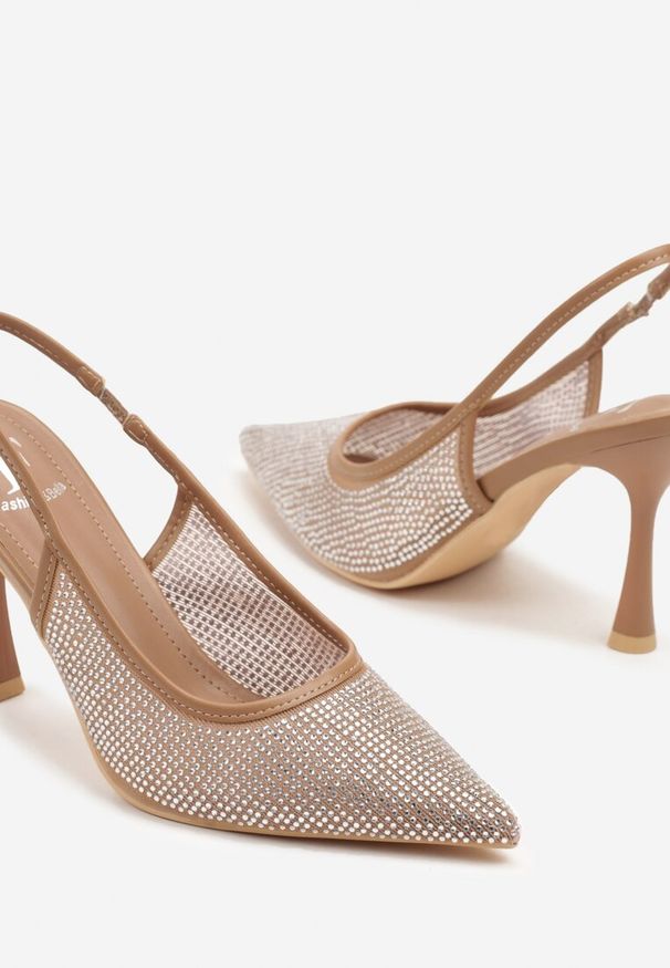 Renee - Brązowe Sandały Szpilki Slingback z Noskiem w Szpic Zdobione Cyrkoniami Zenvia. Okazja: na spotkanie biznesowe, do pracy, na imprezę. Kolor: brązowy. Wzór: aplikacja. Obcas: na szpilce. Styl: wizytowy, biznesowy