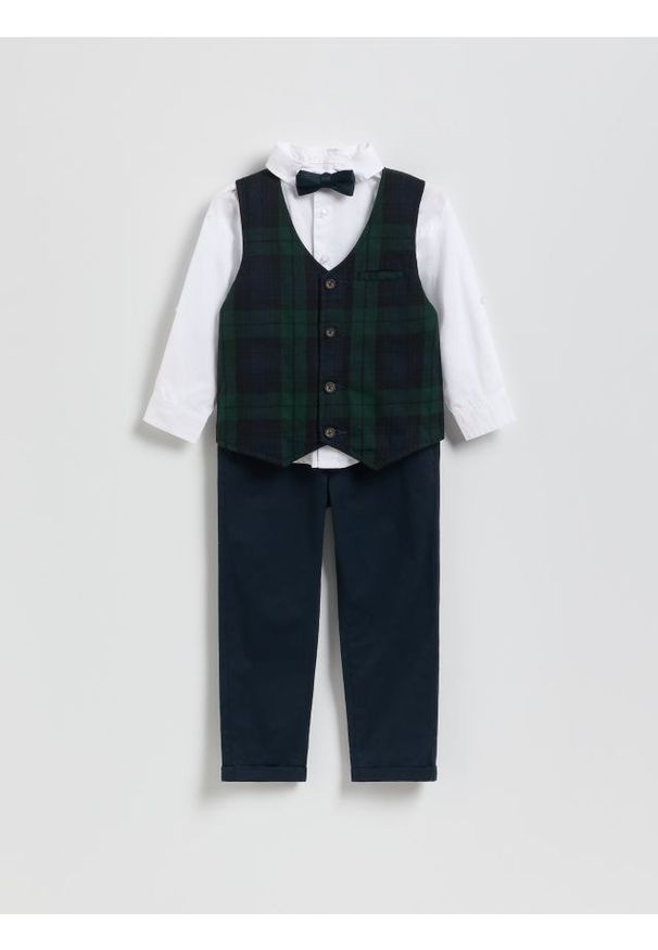 Reserved - Elegancki zestaw z muszką - biały. Kolor: biały. Materiał: bawełna, tkanina. Styl: elegancki