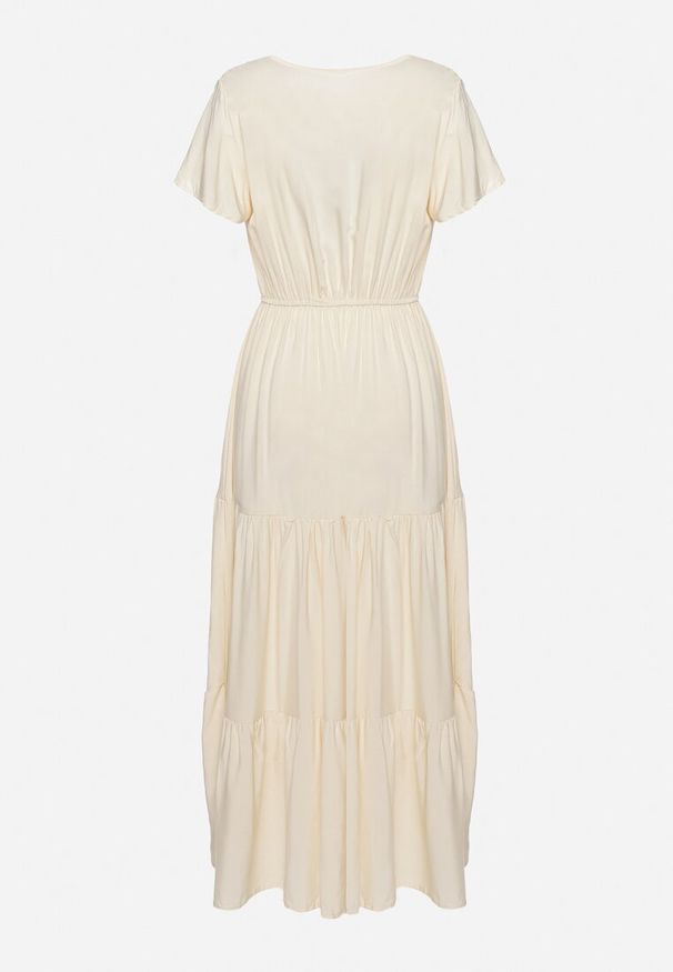 Born2be - Jasnobeżowa Sukienka z Wiskozy o Rozkloszowanym Kroju Folky. Okazja: na co dzień. Typ kołnierza: dekolt w kształcie V. Kolor: beżowy. Materiał: wiskoza. Styl: casual, elegancki