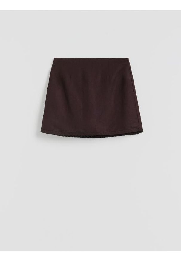 Reserved - Spódnica mini z lnem - ciemnobrązowy. Kolor: brązowy. Materiał: len