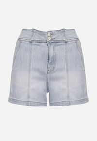 Born2be - Niebieskie Jeansowe Szorty z Bawełną i Wysokim Stanem Ozdobione Przeszyciami Xaredia. Stan: podwyższony. Kolor: niebieski. Materiał: bawełna, jeans. Wzór: aplikacja. Sezon: lato #3