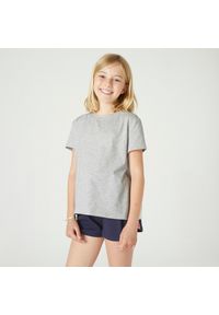 DOMYOS - Koszulka z krótkim rękawem dziecięca Domyos 500. Kolor: szary. Materiał: elastan, poliester, materiał, lyocell, bawełna. Długość rękawa: krótki rękaw. Długość: krótkie
