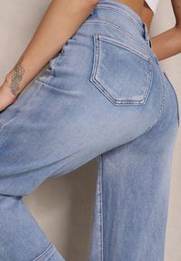 Renee - Niebieskie Szerokie Jeansy z Bawełną High Waist z Mankietami Dlinntia. Okazja: na co dzień. Stan: podwyższony. Kolor: niebieski. Styl: klasyczny, elegancki, casual