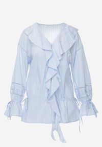 Born2be - Niebieska Bawełniana Bluzka w Romantycznym Stylu z Falbankami i Wiązaniem Cezarina. Okazja: na co dzień, do pracy, na spotkanie biznesowe. Typ kołnierza: kołnierz z falbankami. Kolor: niebieski. Materiał: bawełna. Styl: casual, biznesowy, elegancki #5