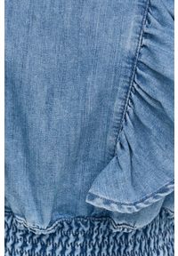 Pinko bluzka jeansowa damska gładka. Typ kołnierza: kołnierzyk stójkowy. Kolor: niebieski. Materiał: jeans. Długość rękawa: długi rękaw. Długość: długie. Wzór: gładki
