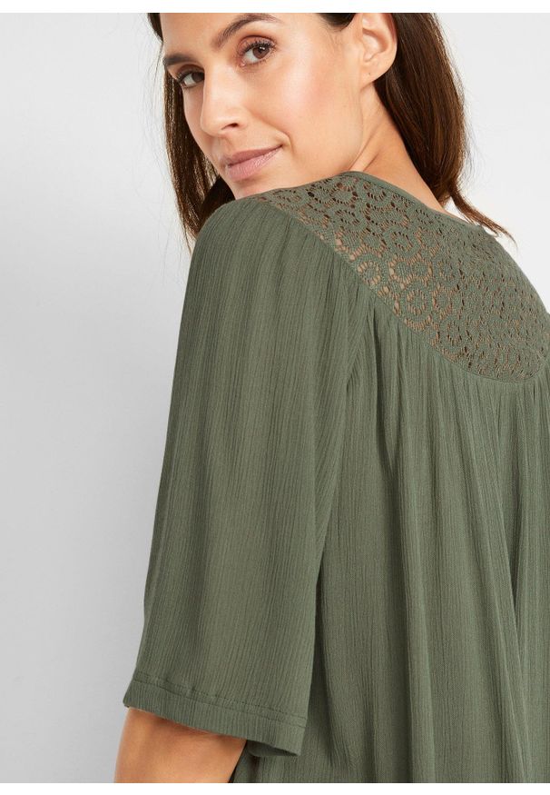 bonprix - Długa tunika z kreszowanego materiału, rękaw 1/2. Kolor: zielony. Materiał: materiał. Długość rękawa: krótki rękaw. Długość: krótkie, długie