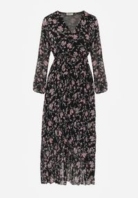 Renee - Czarna Sukienka z Kopertowym Dekoltem i Plisowanym Dołem Narelline. Typ kołnierza: dekolt kopertowy. Kolor: czarny. Wzór: aplikacja, kwiaty. Typ sukienki: kopertowe #5
