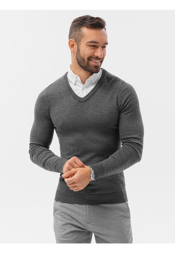 Szary sweter Ombre Clothing melanż, klasyczny, z dekoltem w serek