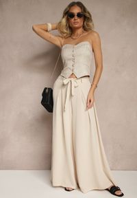 Renee - Beżowe Spodnie z Bawełną o Szerokim Kroju High Waist z Paskiem Iveleldi. Stan: podwyższony. Kolor: beżowy. Materiał: bawełna. Styl: elegancki