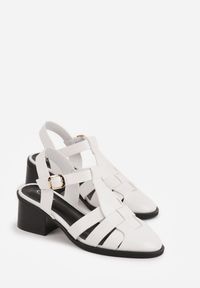 Renee - Białe Sandały na Stożku Ozdobione Geometryczną Cholewką Peripe. Okazja: na imprezę. Zapięcie: sprzączka. Kolor: biały. Materiał: jeans. Wzór: geometria, aplikacja. Sezon: lato. Obcas: na stożku #7