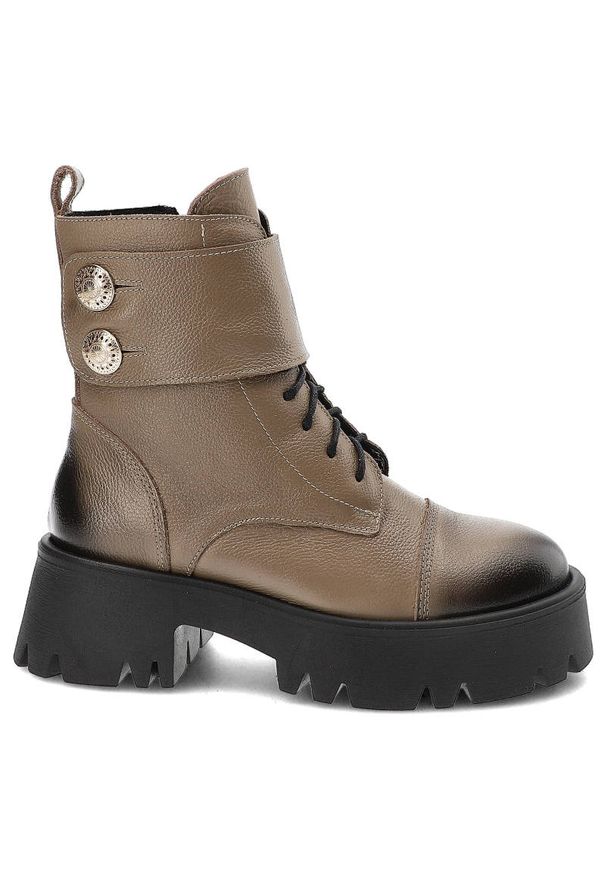 Beżowe Botki Lemar Skórzane Ocieplane Buty Damskie. Zapięcie: sznurówki. Kolor: zielony. Materiał: skóra. Szerokość cholewki: normalna. Styl: elegancki