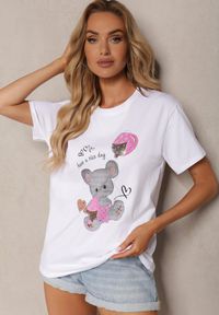 Renee - Biało-Różowy Bawełniany T-shirt Koszulka z Krótkim Rękawem i Nadrukiem Risaette. Kolor: biały. Materiał: bawełna. Długość rękawa: krótki rękaw. Długość: krótkie. Wzór: nadruk. Sezon: lato