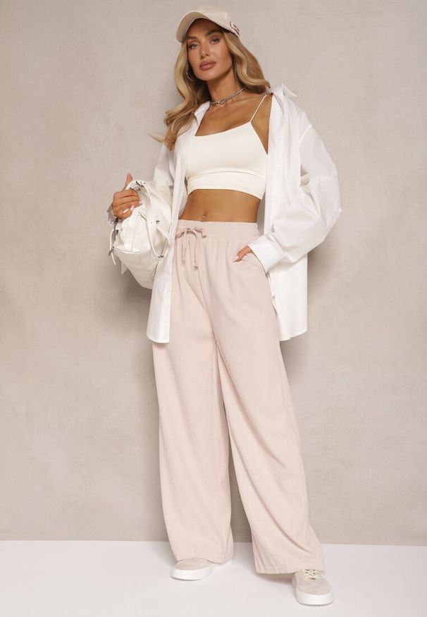 Renee - Beżowe Spodnie o Szerokim Kroju High Waist z Wiązaniem w Pasie Ettianne. Okazja: na co dzień. Stan: podwyższony. Kolor: beżowy. Styl: elegancki, casual