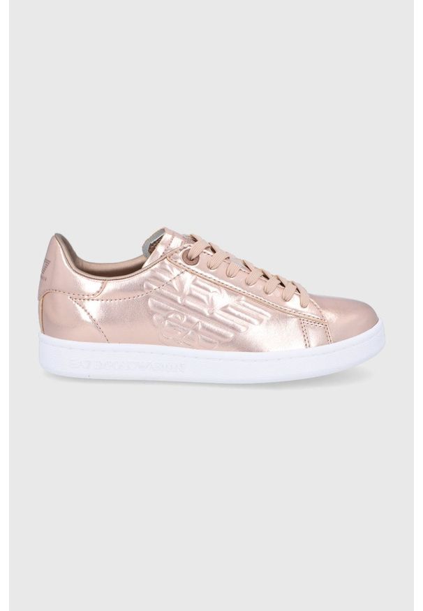 EA7 Emporio Armani Buty skórzane kolor złoty na płaskiej podeszwie. Nosek buta: okrągły. Zapięcie: sznurówki. Kolor: złoty. Materiał: skóra. Obcas: na płaskiej podeszwie