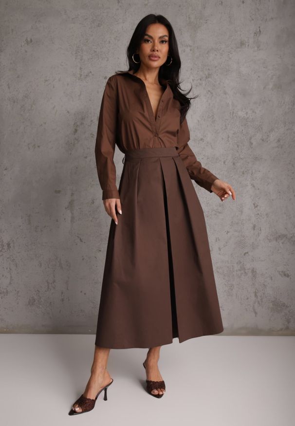 Renee - Brązowa Bawełniana Spódnica o Rozkloszowanym Kroju z Plisami Nerimara. Okazja: na co dzień. Kolor: brązowy. Materiał: bawełna. Wzór: gładki. Sezon: lato. Styl: casual