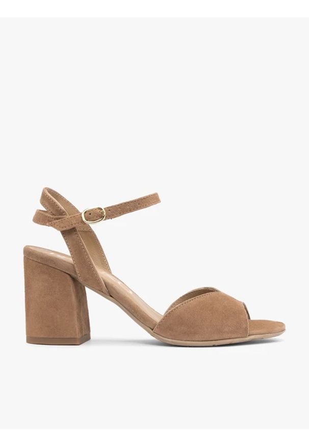 Ryłko - Jasnobrązowe sandały na obcasie. Nosek buta: okrągły. Zapięcie: sprzączka. Kolor: brązowy. Materiał: skóra, welur. Obcas: na obcasie. Styl: street, elegancki. Wysokość obcasa: średni