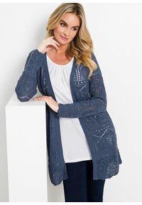 bonprix - Sweter bez zapięcia ażurowy. Kolor: niebieski. Wzór: ażurowy #1