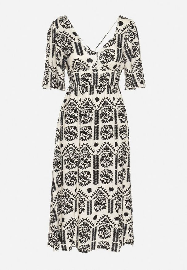 Born2be - Czarno-Kremowa Sukienka Wiskozowa Rozkloszowana z Odkrytymi Plecami w Print Boho Turaisa. Okazja: na co dzień. Typ kołnierza: dekolt w kształcie V. Kolor: czarny. Materiał: wiskoza. Długość rękawa: długi rękaw. Wzór: nadruk. Typ sukienki: rozkloszowane, proste. Styl: boho