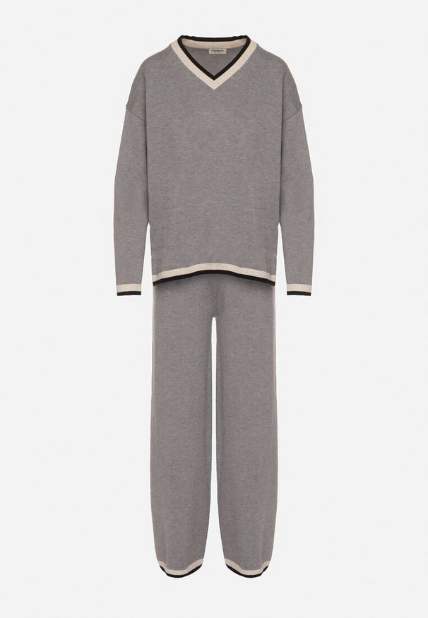 Born2be - Szary Dzianinowy Komplet z Ozdobną Lamówką Sweter i Szerokie Spodnie Ralenae. Kolor: szary. Materiał: dzianina