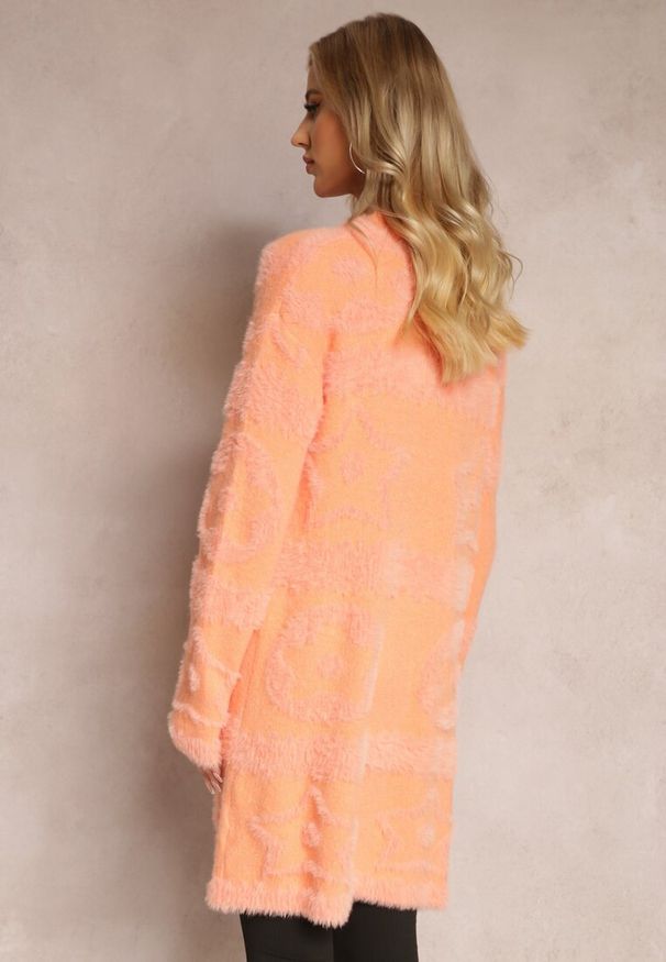 Renee - Pomarańczowy Długi Kardigan Puszysty Aborra. Kolekcja: plus size. Kolor: pomarańczowy. Materiał: dzianina, tkanina. Długość: długie. Wzór: aplikacja