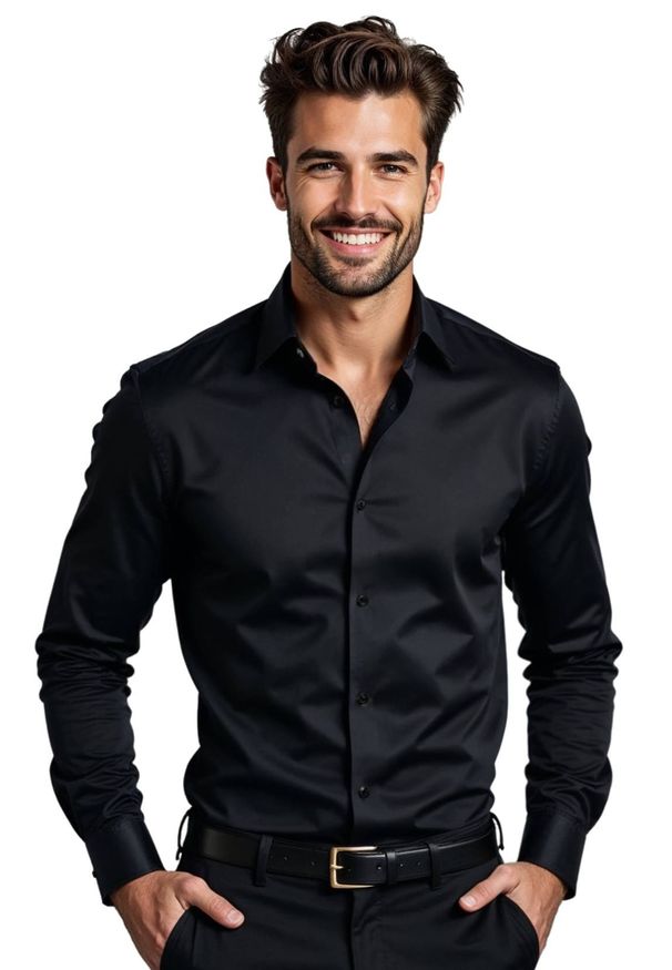 Mmer / Villaro - Koszule męskie - Czarna elastyczna koszula męska z długim rękawem VILLARO L06. Kolor: czarny. Materiał: tkanina, poliester, bawełna. Długość rękawa: długi rękaw. Długość: długie. Styl: klasyczny