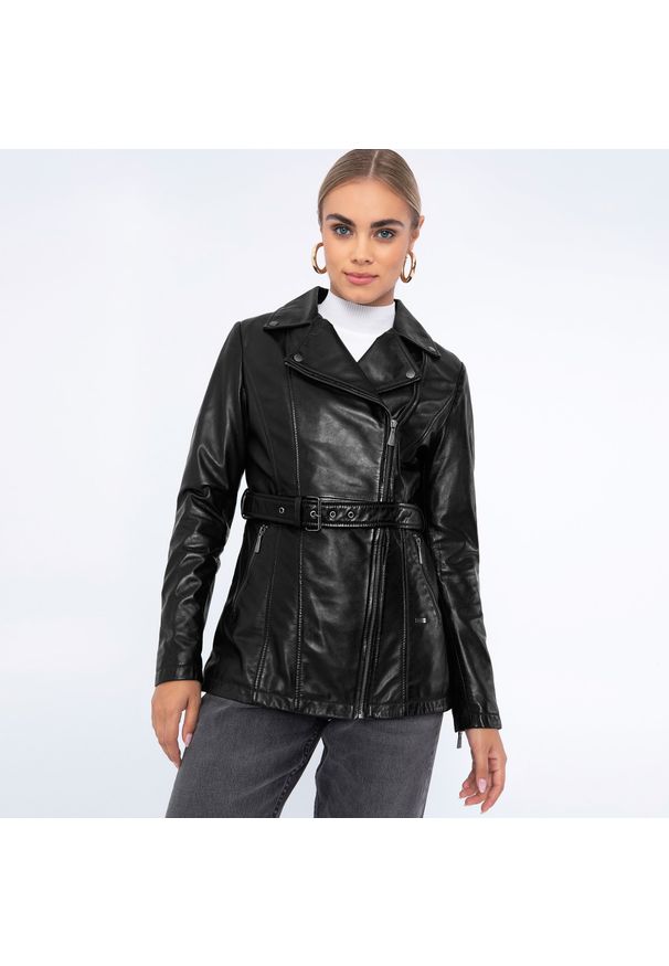 Wittchen - Damska kurtka skórzana z paskiem czarna. Kolor: czarny. Materiał: skóra. Sezon: wiosna, jesień. Styl: klasyczny, elegancki