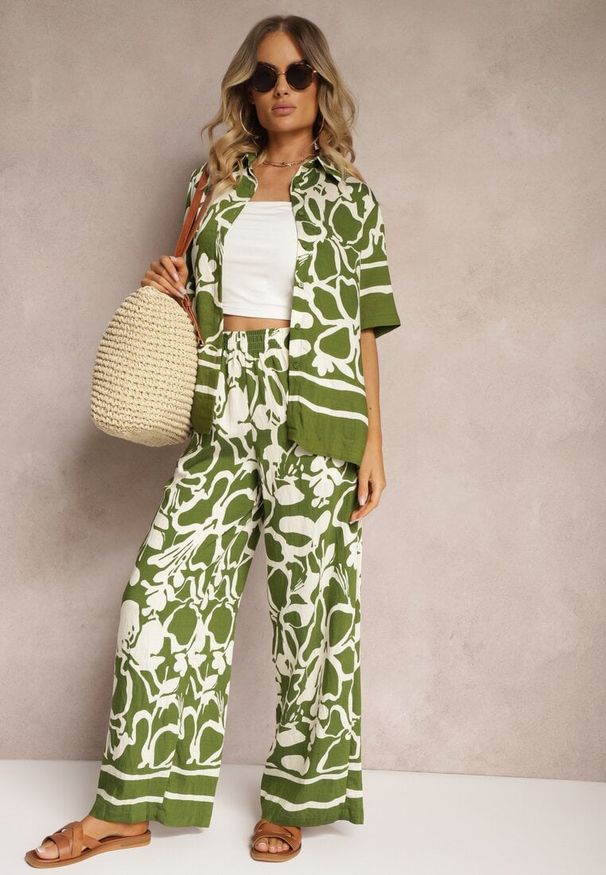 Renee - Zielono-Beżowy Letni Komplet Luźna Koszula z Krótkim Rękawem Szerokie Spodnie z Gumką w Talii Vikiimina. Kolor: zielony. Materiał: wiskoza, materiał
