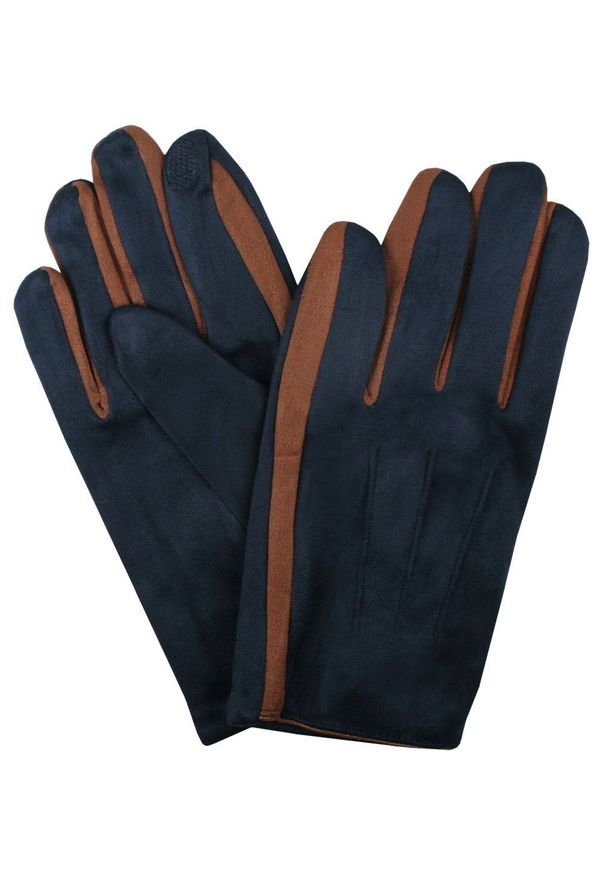 EM Men's Accessories - Miękkie i Delikatne Rękawiczki Męskie - Bawełniane - Granat z Brązem. Kolor: brązowy. Materiał: poliester, bawełna. Wzór: aplikacja. Sezon: zima, jesień