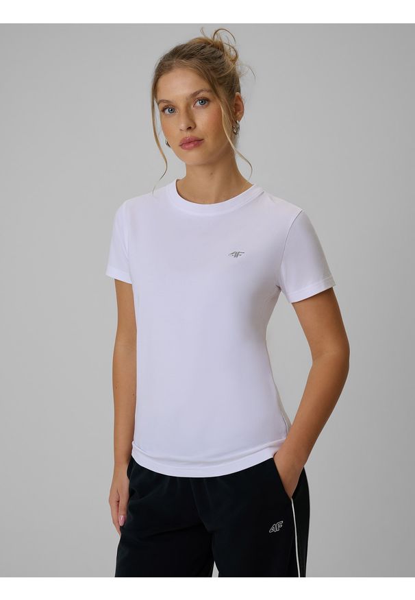 4f - 4F T-shirt regular gładki damski - biały XL. Okazja: na co dzień. Kolor: biały. Materiał: bawełna, materiał, dzianina. Wzór: gładki. Styl: casual, klasyczny