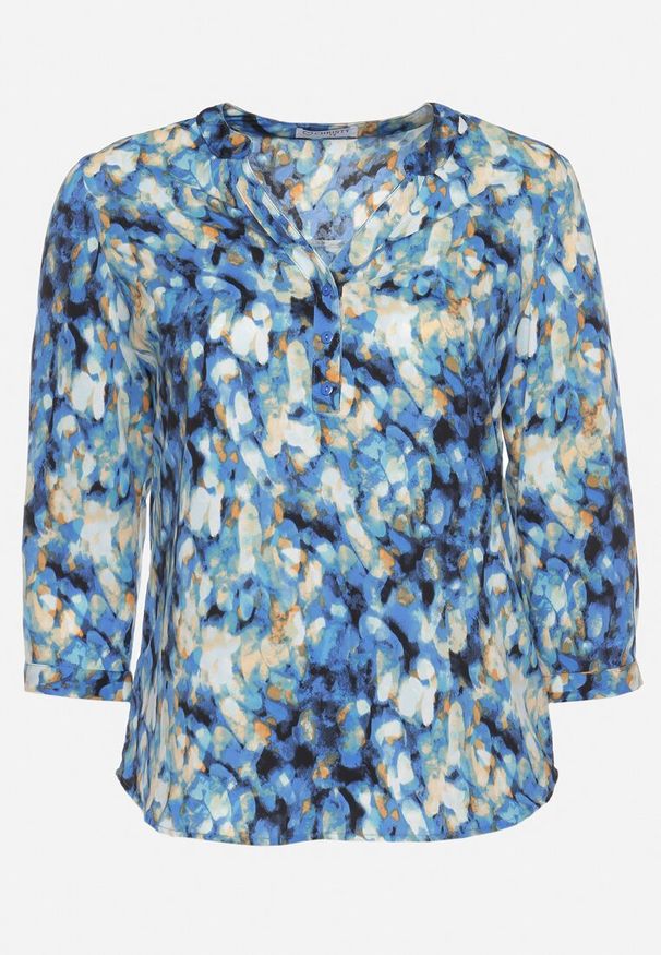 Born2be - Niebiesko-Granatowa Bluzka z Bufiastymi Podpinanymi Rękawami w Abstrakcyjny Wzór Tabella. Okazja: na co dzień. Kolor: niebieski. Materiał: jeans. Styl: casual