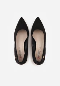 Born2be - Czarne Czółenka na Obcasie ze Skórzaną Wkładką i Metaliczną Wstawką Rasmone. Zapięcie: pasek. Kolor: czarny. Materiał: skóra. Obcas: na obcasie. Styl: klasyczny. Wysokość obcasa: średni #7