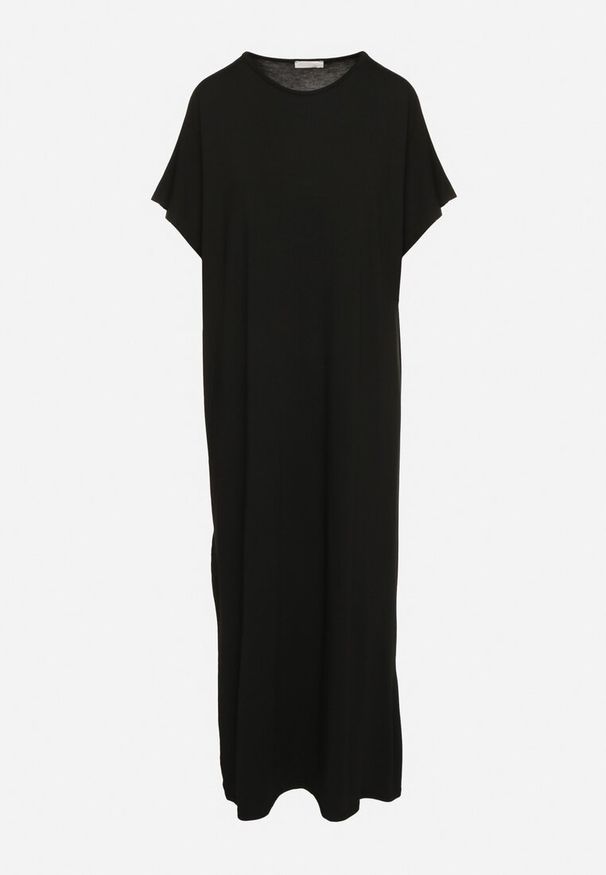 Born2be - Czarna Sukienka Wiskozowa o Pudełkowym Kroju z Rozcięciem Vimerina. Typ kołnierza: dekolt w łódkę. Kolor: czarny. Materiał: wiskoza