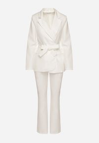 Renee - Biały Komplet o Garniturowym Kroju z Marynarką z Wiązaniem i Spodniami Falestra. Kolor: biały #5