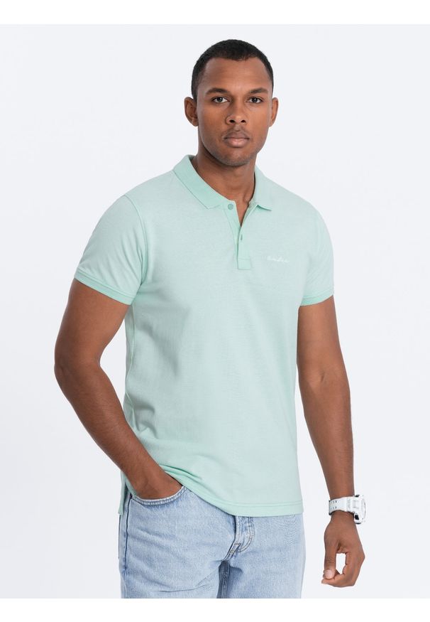 Ombre Clothing - Koszulka polo z dzianiny pique - jasnozielona V1 - Rozmiar: M. Typ kołnierza: polo. Kolor: zielony. Materiał: dzianina. Wzór: haft