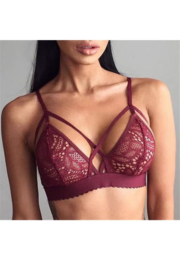 Intica - Koronkowa braletka bez fiszbin z dekoltem i delikatnymi detalami Hyeyeon. Kolor: czerwony. Materiał: koronka. Wzór: koronka