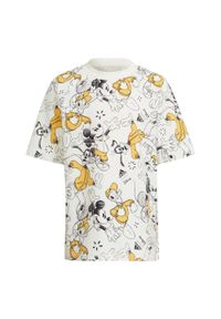 Adidas - Koszulka adidas x Disney Mickey Mouse. Kolor: czarny, biały, wielokolorowy, żółty. Materiał: bawełna. Wzór: motyw z bajki. Sport: joga i pilates