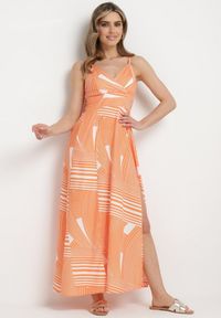 Born2be - Pomarańczowa Sukienka z Kopertowym Dekoltem na Regulowanych Ramiączkach z Rozcięciami Jatila. Okazja: na co dzień. Typ kołnierza: dekolt kopertowy. Kolor: pomarańczowy. Długość rękawa: na ramiączkach. Typ sukienki: kopertowe. Styl: casual #1