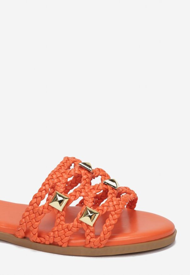 Renee - Pomarańczowe Klapki Argobe. Nosek buta: otwarty. Kolor: pomarańczowy. Materiał: jeans. Wzór: geometria, paski, jednolity. Obcas: na płaskiej podeszwie